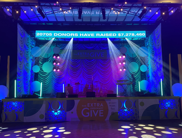 Stage lights and backdrop for "Extra Give"