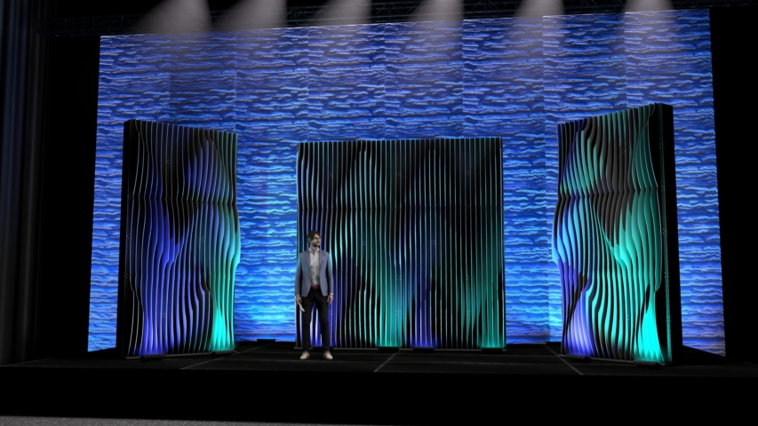 Rendering of Large-scale Shell modular scenic wall installed on stage under blue lighting.
