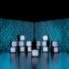 Digital rendering of Pixel modular scenic panels forming a corner backdrop with illuminated scenic blocks in the foreground.