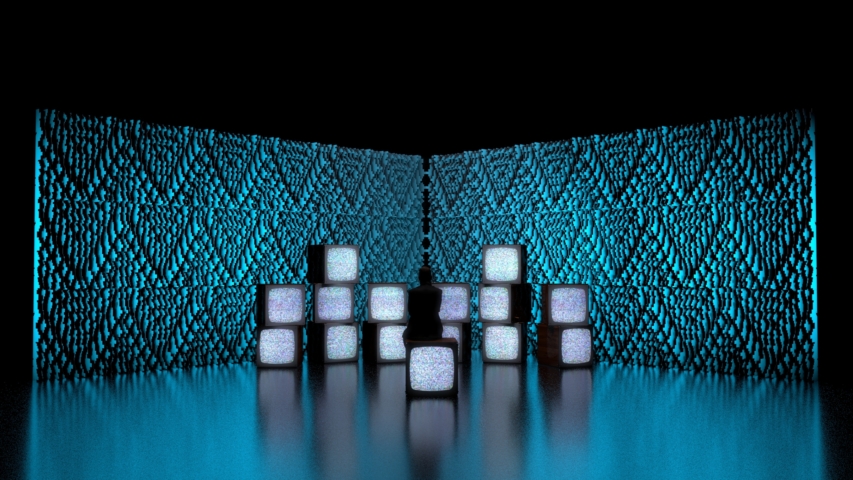 Digital rendering of Pixel modular scenic panels forming a corner backdrop with illuminated scenic blocks in the foreground.