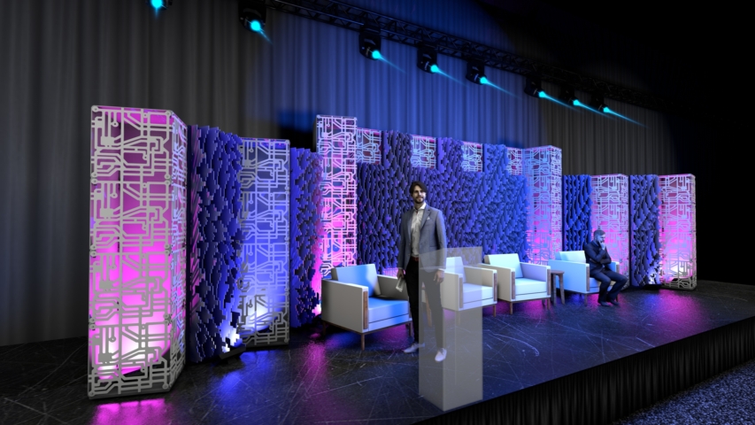 Digital rendering of Pixel modular scenic panels configured in a large stage environment.