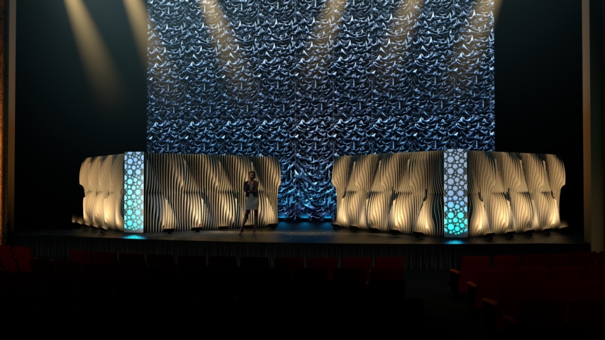 Rendering of a Extended wide view of Shell modular scenic wall installed across a large stage environment under overhead lighting.