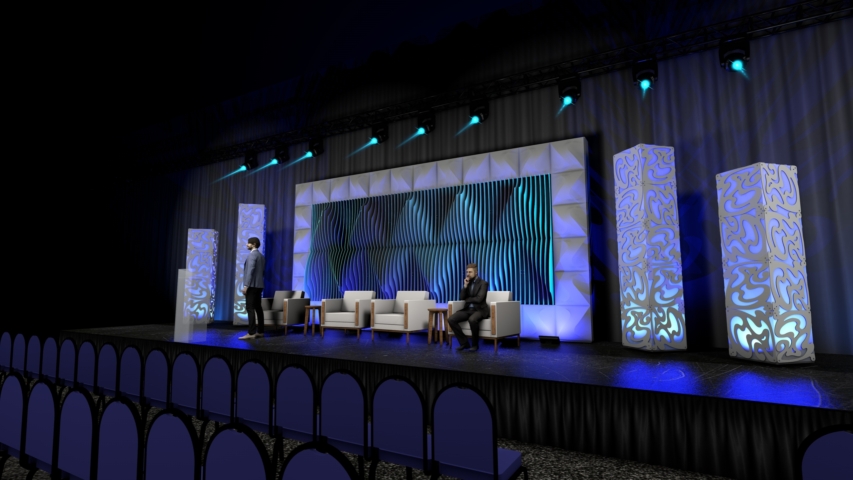 Rendering of a Wide audience-facing view of Shell modular scenic wall installed across a large stage environment.