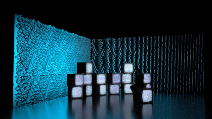 Digital rendering of Pixel modular scenic backdrop in a staged lighting environment.