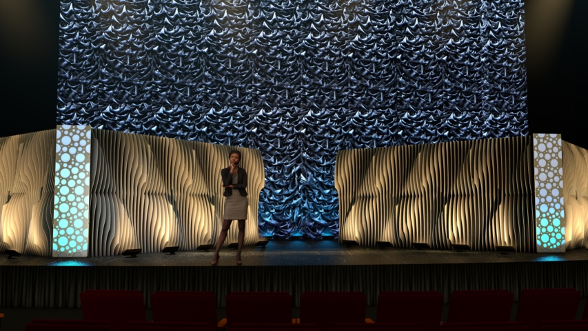 Rendering of a Wide audience-facing view of Shell modular scenic wall installed across a large stage.