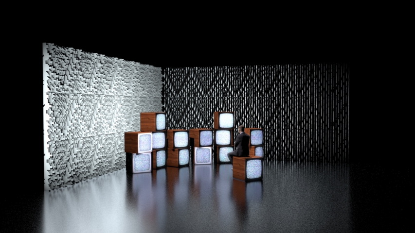 Front-facing digital rendering of Pixel modular scenic wall with stacked scenic elements.