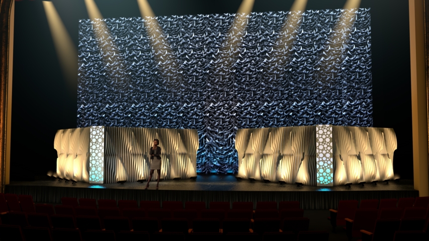Rendering of a Full-width Shell modular scenic wall spanning a large stage environment.