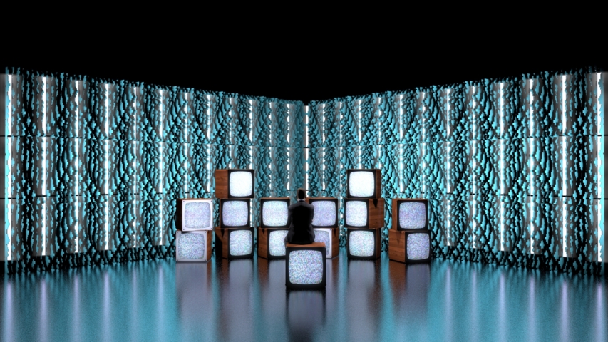 Digital rendering of Pixel modular scenic panels used as a backdrop with scenic cube elements in front.