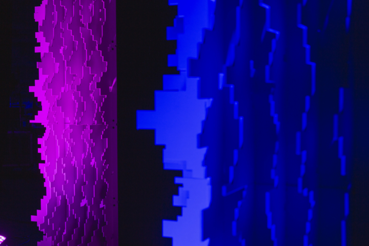 Side profile close-up of Pixel modular scenic panel under blue lighting.