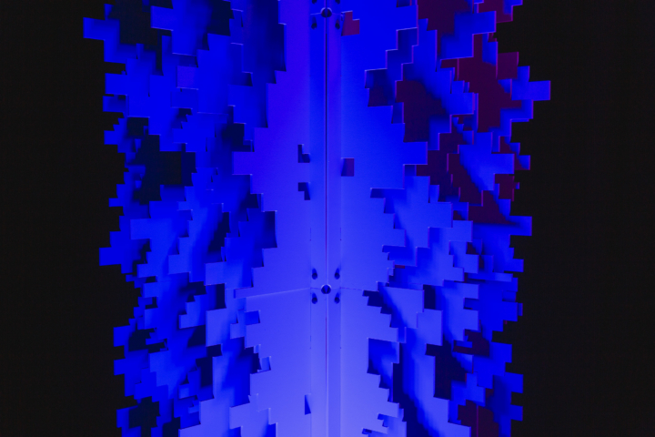 Close-up of Pixel modular scenic panel surface under blue lighting.