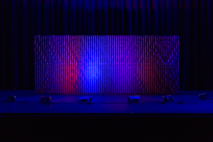 Pixel modular scenic wall installed on stage under low ambient lighting.
