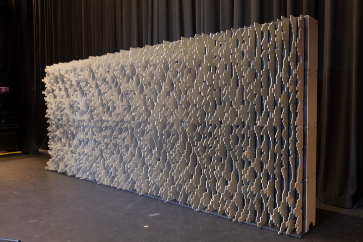 Angled view of Pixel modular scenic wall in natural lighting conditions.