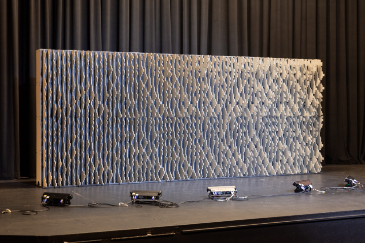 Full-width Pixel modular scenic wall photographed in natural light without stage lighting.