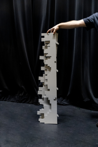 Side profile of a single set of Pixel modular scenic panel in natural light, showing dimensional depth and thickness.