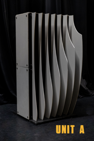 Angled studio view of Unit A of the Shell modular scenic panel showing dimensional depth.