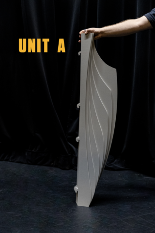 Edge profile of Unit A of the Shell modular scenic panel photographed in studio.